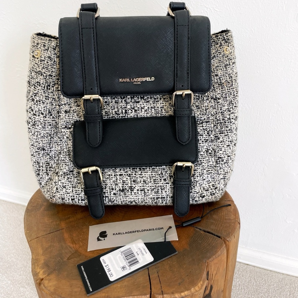Karl Lagerfeld Black and White Tweed Leather Backpack with Gold Hardware